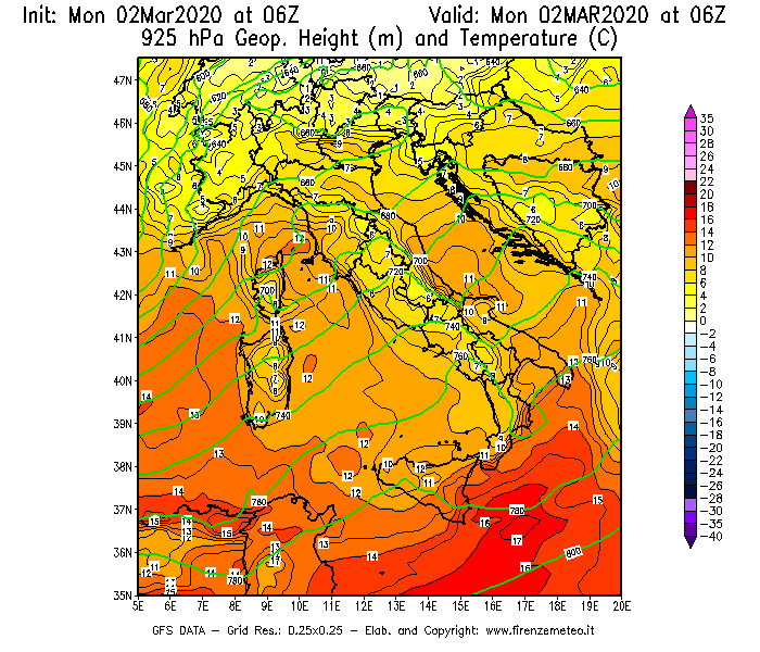 Mappa di analisi GFS - Geopotenziale [m] e Temperatura [°C] a 925 hPa in Italia
							del 02/03/2020 06 <!--googleoff: index-->UTC<!--googleon: index-->