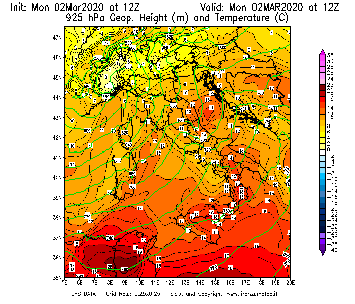 Mappa di analisi GFS - Geopotenziale [m] e Temperatura [°C] a 925 hPa in Italia
							del 02/03/2020 12 <!--googleoff: index-->UTC<!--googleon: index-->