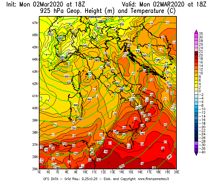 Mappa di analisi GFS - Geopotenziale [m] e Temperatura [°C] a 925 hPa in Italia
							del 02/03/2020 18 <!--googleoff: index-->UTC<!--googleon: index-->