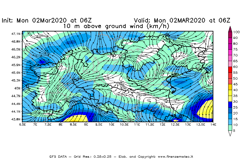 Mappa di analisi GFS - Velocità del vento a 10 metri dal suolo [km/h] in Nord-Italia
							del 02/03/2020 06 <!--googleoff: index-->UTC<!--googleon: index-->