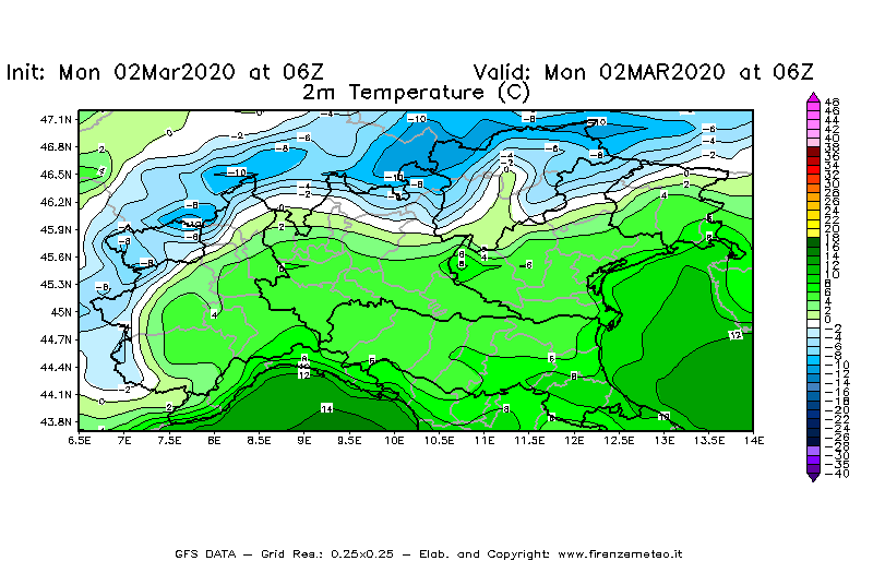 Mappa di analisi GFS - Temperatura a 2 metri dal suolo [°C] in Nord-Italia
							del 02/03/2020 06 <!--googleoff: index-->UTC<!--googleon: index-->