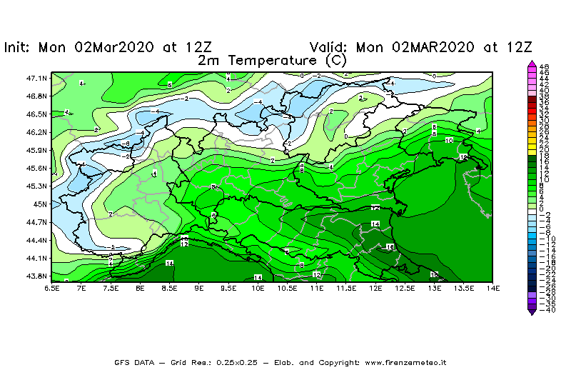 Mappa di analisi GFS - Temperatura a 2 metri dal suolo [°C] in Nord-Italia
							del 02/03/2020 12 <!--googleoff: index-->UTC<!--googleon: index-->