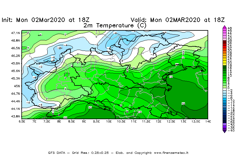 Mappa di analisi GFS - Temperatura a 2 metri dal suolo [°C] in Nord-Italia
							del 02/03/2020 18 <!--googleoff: index-->UTC<!--googleon: index-->