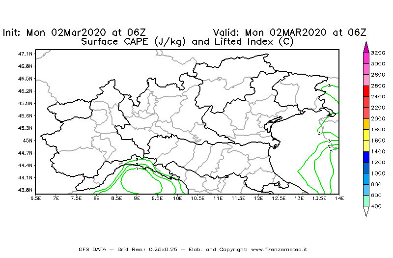Mappa di analisi GFS - CAPE [J/kg] e Lifted Index [°C] in Nord-Italia
							del 02/03/2020 06 <!--googleoff: index-->UTC<!--googleon: index-->