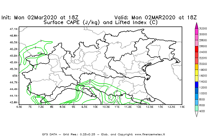 Mappa di analisi GFS - CAPE [J/kg] e Lifted Index [°C] in Nord-Italia
							del 02/03/2020 18 <!--googleoff: index-->UTC<!--googleon: index-->