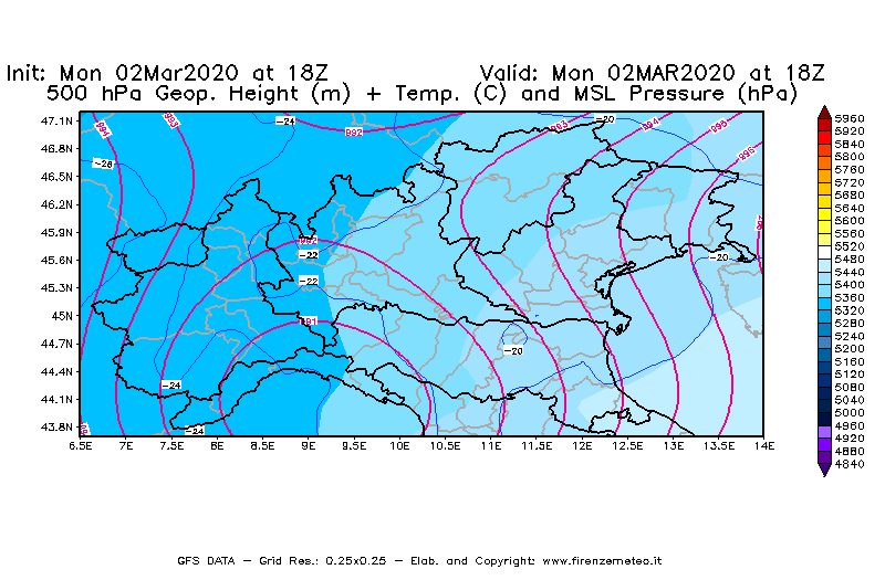 Mappa di analisi GFS - Geopotenziale [m] + Temp. [°C] a 500 hPa + Press. a livello del mare [hPa] in Nord-Italia
							del 02/03/2020 18 <!--googleoff: index-->UTC<!--googleon: index-->