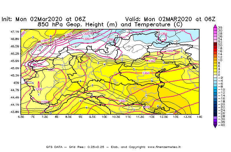 Mappa di analisi GFS - Geopotenziale [m] e Temperatura [°C] a 850 hPa in Nord-Italia
							del 02/03/2020 06 <!--googleoff: index-->UTC<!--googleon: index-->