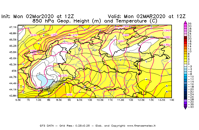 Mappa di analisi GFS - Geopotenziale [m] e Temperatura [°C] a 850 hPa in Nord-Italia
							del 02/03/2020 12 <!--googleoff: index-->UTC<!--googleon: index-->