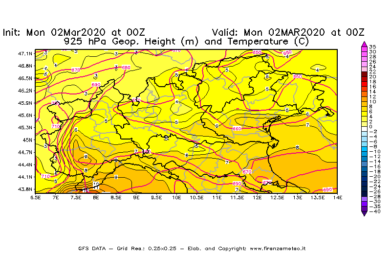 Mappa di analisi GFS - Geopotenziale [m] e Temperatura [°C] a 925 hPa in Nord-Italia
							del 02/03/2020 00 <!--googleoff: index-->UTC<!--googleon: index-->