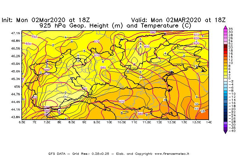 Mappa di analisi GFS - Geopotenziale [m] e Temperatura [°C] a 925 hPa in Nord-Italia
							del 02/03/2020 18 <!--googleoff: index-->UTC<!--googleon: index-->