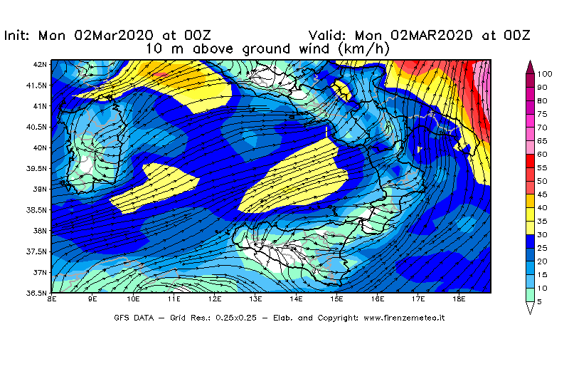 Mappa di analisi GFS - Velocità del vento a 10 metri dal suolo [km/h] in Sud-Italia
							del 02/03/2020 00 <!--googleoff: index-->UTC<!--googleon: index-->