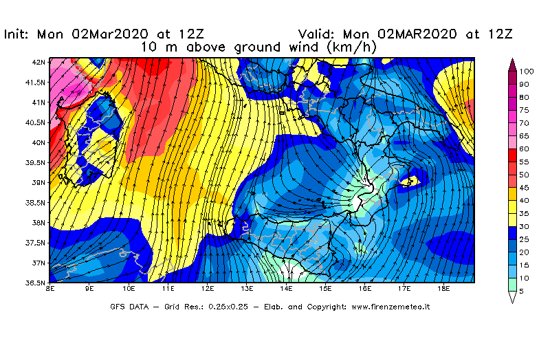 Mappa di analisi GFS - Velocità del vento a 10 metri dal suolo [km/h] in Sud-Italia
							del 02/03/2020 12 <!--googleoff: index-->UTC<!--googleon: index-->