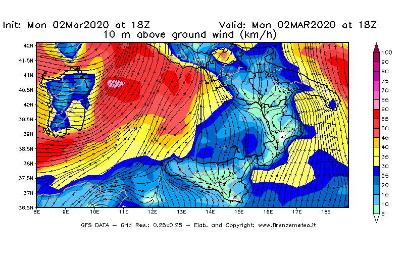 Mappa di analisi GFS - Velocità del vento a 10 metri dal suolo [km/h] in Sud-Italia
							del 02/03/2020 18 <!--googleoff: index-->UTC<!--googleon: index-->