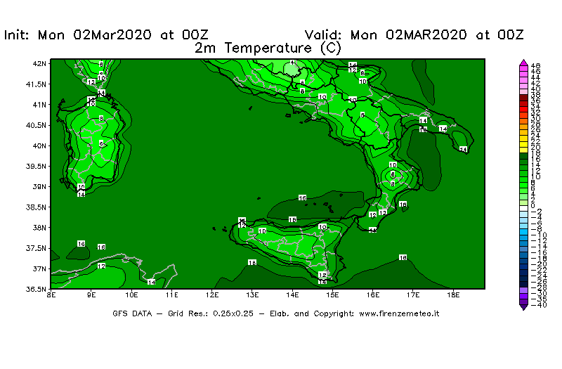 Mappa di analisi GFS - Temperatura a 2 metri dal suolo [°C] in Sud-Italia
							del 02/03/2020 00 <!--googleoff: index-->UTC<!--googleon: index-->