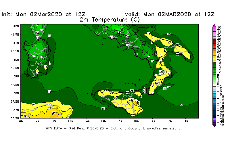 Mappa di analisi GFS - Temperatura a 2 metri dal suolo [°C] in Sud-Italia
							del 02/03/2020 12 <!--googleoff: index-->UTC<!--googleon: index-->