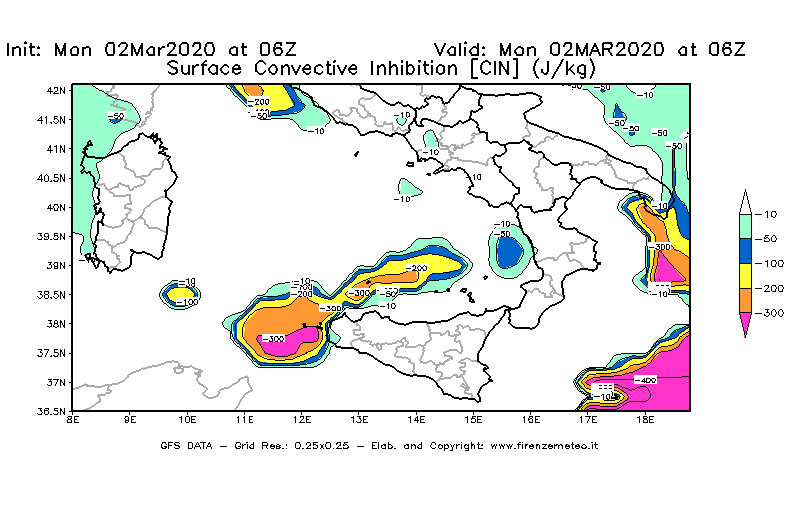 Mappa di analisi GFS - CIN [J/kg] in Sud-Italia
							del 02/03/2020 06 <!--googleoff: index-->UTC<!--googleon: index-->