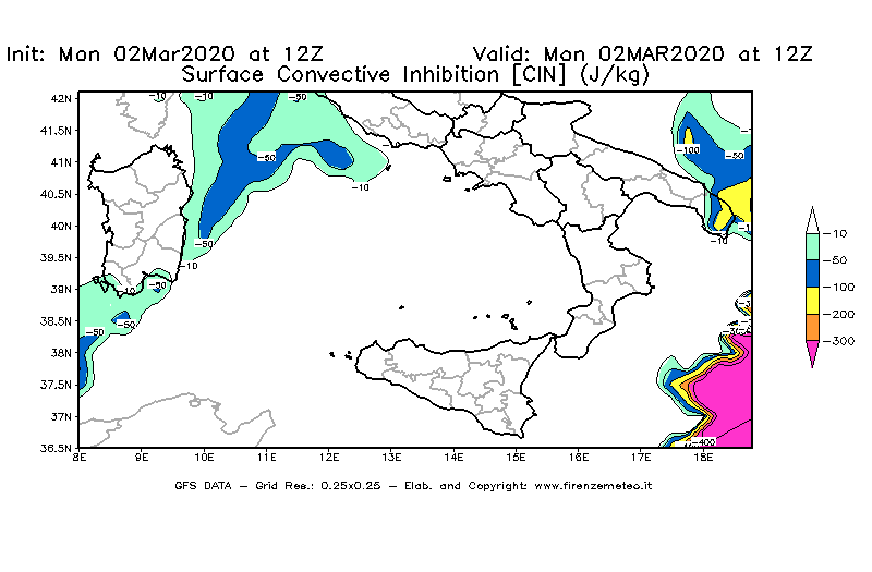 Mappa di analisi GFS - CIN [J/kg] in Sud-Italia
							del 02/03/2020 12 <!--googleoff: index-->UTC<!--googleon: index-->