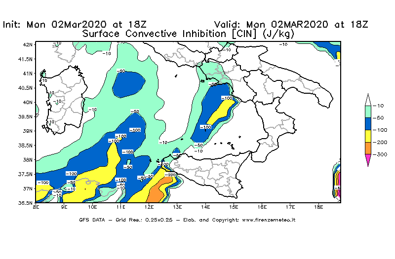 Mappa di analisi GFS - CIN [J/kg] in Sud-Italia
							del 02/03/2020 18 <!--googleoff: index-->UTC<!--googleon: index-->