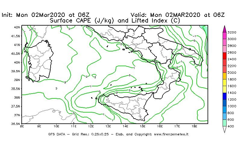 Mappa di analisi GFS - CAPE [J/kg] e Lifted Index [°C] in Sud-Italia
							del 02/03/2020 06 <!--googleoff: index-->UTC<!--googleon: index-->
