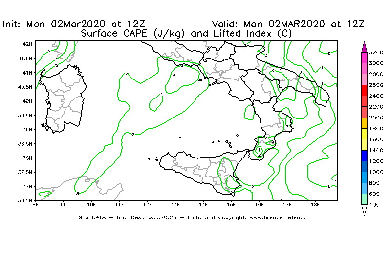 Mappa di analisi GFS - CAPE [J/kg] e Lifted Index [°C] in Sud-Italia
							del 02/03/2020 12 <!--googleoff: index-->UTC<!--googleon: index-->