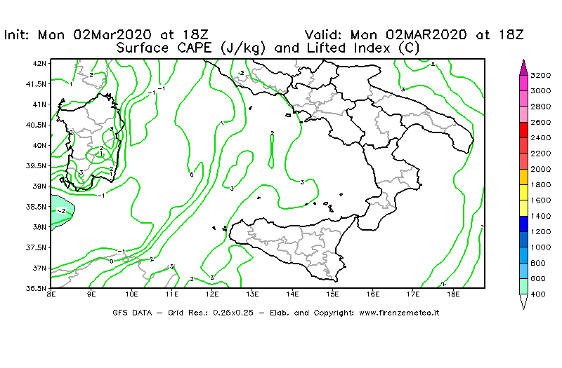 Mappa di analisi GFS - CAPE [J/kg] e Lifted Index [°C] in Sud-Italia
							del 02/03/2020 18 <!--googleoff: index-->UTC<!--googleon: index-->
