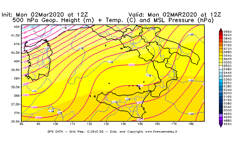 Mappa di analisi GFS - Geopotenziale [m] + Temp. [°C] a 500 hPa + Press. a livello del mare [hPa] in Sud-Italia
							del 02/03/2020 12 <!--googleoff: index-->UTC<!--googleon: index-->