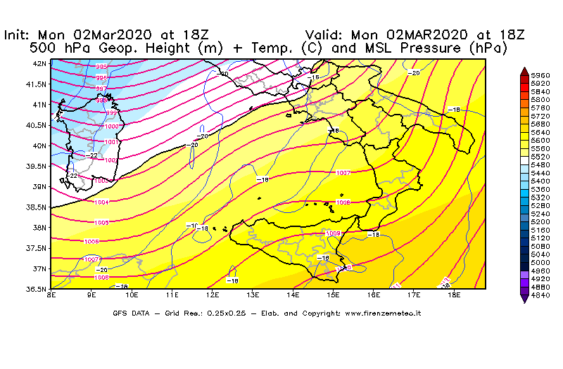 Mappa di analisi GFS - Geopotenziale [m] + Temp. [°C] a 500 hPa + Press. a livello del mare [hPa] in Sud-Italia
							del 02/03/2020 18 <!--googleoff: index-->UTC<!--googleon: index-->