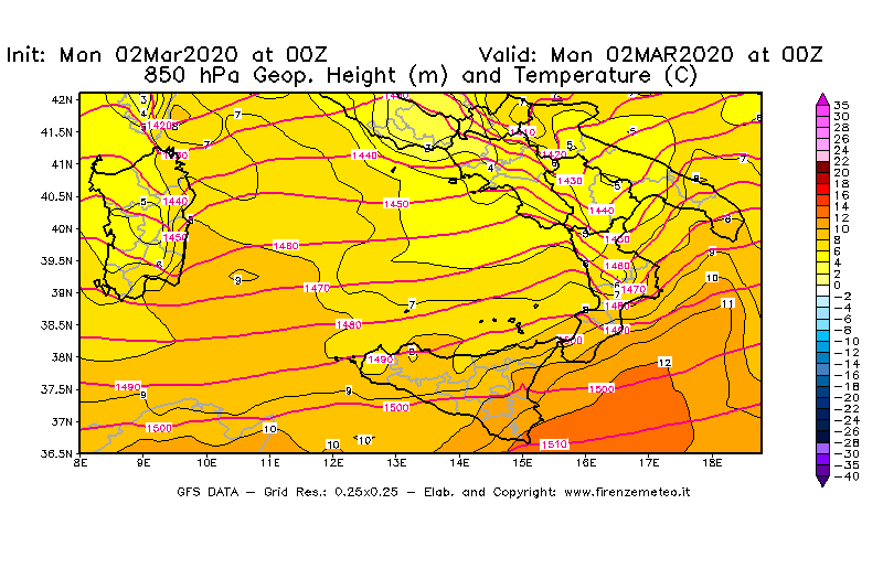 Mappa di analisi GFS - Geopotenziale [m] e Temperatura [°C] a 850 hPa in Sud-Italia
							del 02/03/2020 00 <!--googleoff: index-->UTC<!--googleon: index-->