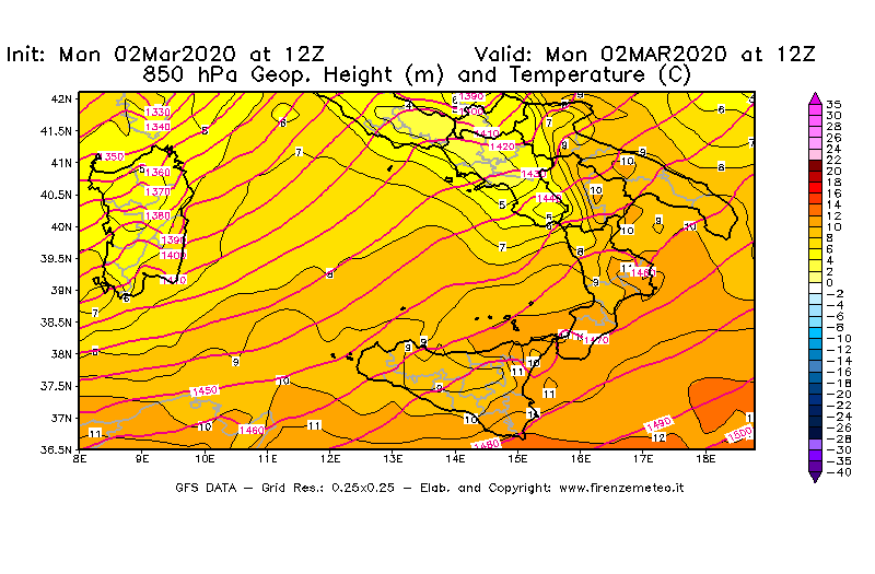 Mappa di analisi GFS - Geopotenziale [m] e Temperatura [°C] a 850 hPa in Sud-Italia
							del 02/03/2020 12 <!--googleoff: index-->UTC<!--googleon: index-->