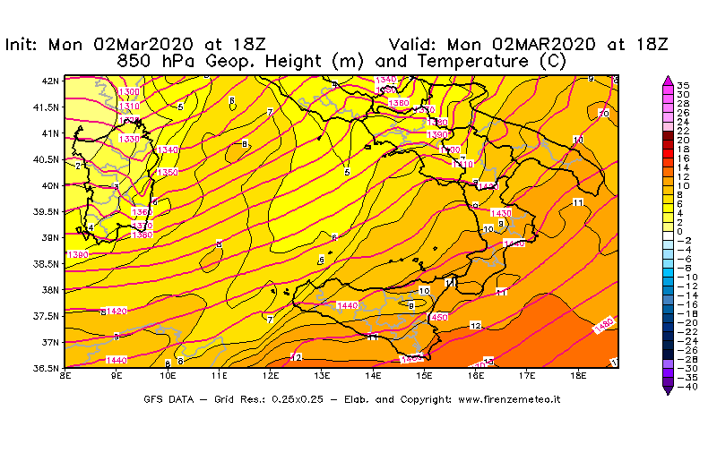 Mappa di analisi GFS - Geopotenziale [m] e Temperatura [°C] a 850 hPa in Sud-Italia
							del 02/03/2020 18 <!--googleoff: index-->UTC<!--googleon: index-->