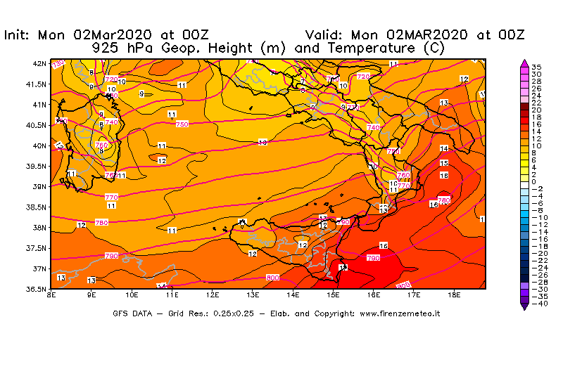 Mappa di analisi GFS - Geopotenziale [m] e Temperatura [°C] a 925 hPa in Sud-Italia
							del 02/03/2020 00 <!--googleoff: index-->UTC<!--googleon: index-->
