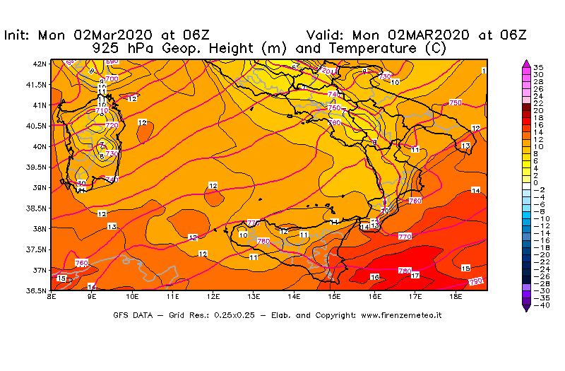 Mappa di analisi GFS - Geopotenziale [m] e Temperatura [°C] a 925 hPa in Sud-Italia
							del 02/03/2020 06 <!--googleoff: index-->UTC<!--googleon: index-->