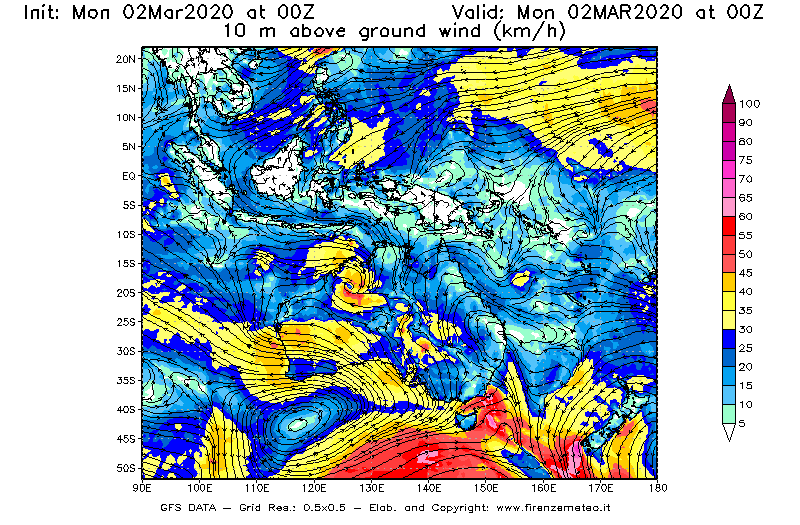 Mappa di analisi GFS - Velocità del vento a 10 metri dal suolo [km/h] in Oceania
							del 02/03/2020 00 <!--googleoff: index-->UTC<!--googleon: index-->