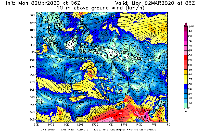 Mappa di analisi GFS - Velocità del vento a 10 metri dal suolo [km/h] in Oceania
							del 02/03/2020 06 <!--googleoff: index-->UTC<!--googleon: index-->
