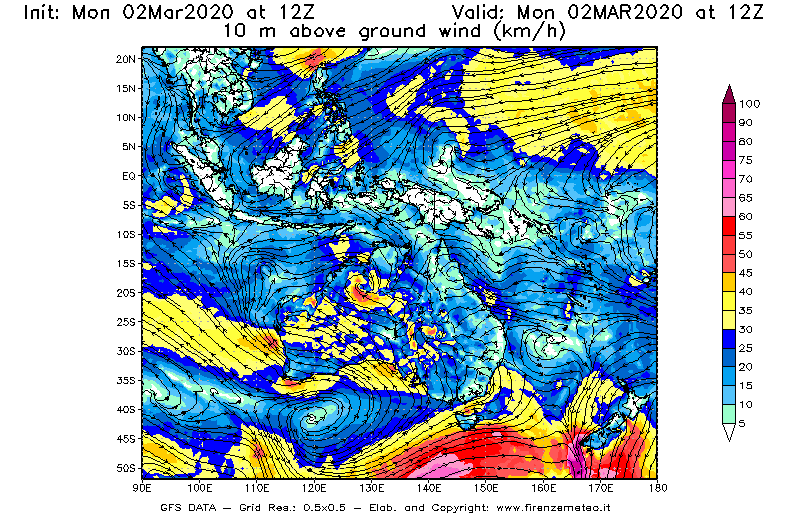 Mappa di analisi GFS - Velocità del vento a 10 metri dal suolo [km/h] in Oceania
							del 02/03/2020 12 <!--googleoff: index-->UTC<!--googleon: index-->
