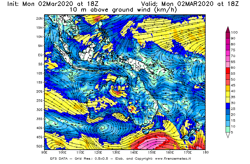Mappa di analisi GFS - Velocità del vento a 10 metri dal suolo [km/h] in Oceania
							del 02/03/2020 18 <!--googleoff: index-->UTC<!--googleon: index-->