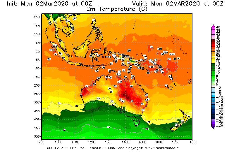 Mappa di analisi GFS - Temperatura a 2 metri dal suolo [°C] in Oceania
							del 02/03/2020 00 <!--googleoff: index-->UTC<!--googleon: index-->