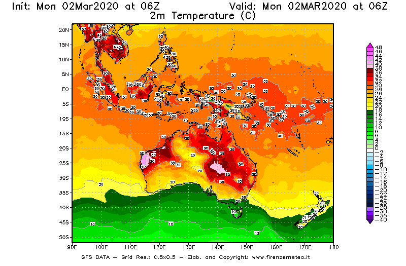 Mappa di analisi GFS - Temperatura a 2 metri dal suolo [°C] in Oceania
							del 02/03/2020 06 <!--googleoff: index-->UTC<!--googleon: index-->