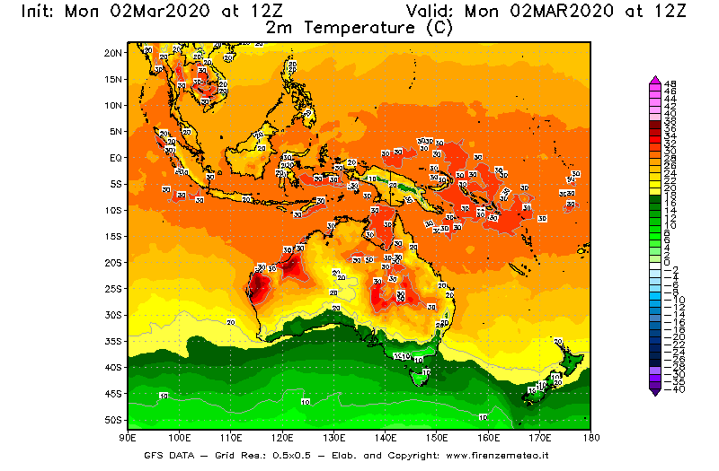 Mappa di analisi GFS - Temperatura a 2 metri dal suolo [°C] in Oceania
							del 02/03/2020 12 <!--googleoff: index-->UTC<!--googleon: index-->