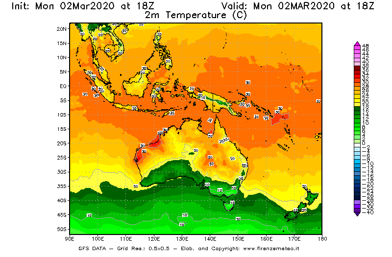 Mappa di analisi GFS - Temperatura a 2 metri dal suolo [°C] in Oceania
							del 02/03/2020 18 <!--googleoff: index-->UTC<!--googleon: index-->