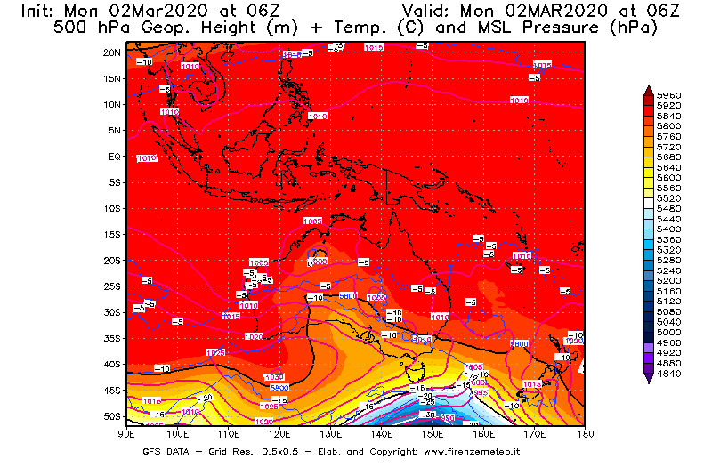 Mappa di analisi GFS - Geopotenziale [m] + Temp. [°C] a 500 hPa + Press. a livello del mare [hPa] in Oceania
							del 02/03/2020 06 <!--googleoff: index-->UTC<!--googleon: index-->