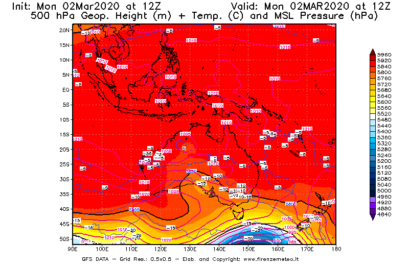 Mappa di analisi GFS - Geopotenziale [m] + Temp. [°C] a 500 hPa + Press. a livello del mare [hPa] in Oceania
							del 02/03/2020 12 <!--googleoff: index-->UTC<!--googleon: index-->