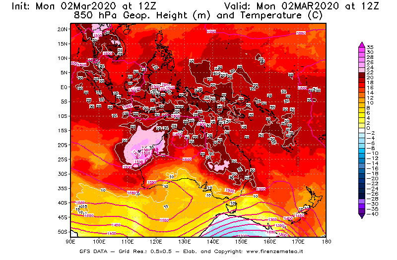 Mappa di analisi GFS - Geopotenziale [m] e Temperatura [°C] a 850 hPa in Oceania
							del 02/03/2020 12 <!--googleoff: index-->UTC<!--googleon: index-->