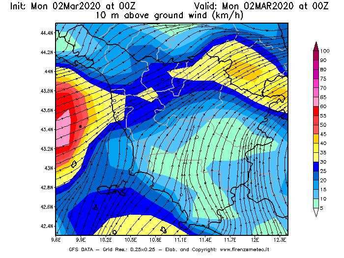 Mappa di analisi GFS - Velocità del vento a 10 metri dal suolo [km/h] in Toscana
							del 02/03/2020 00 <!--googleoff: index-->UTC<!--googleon: index-->