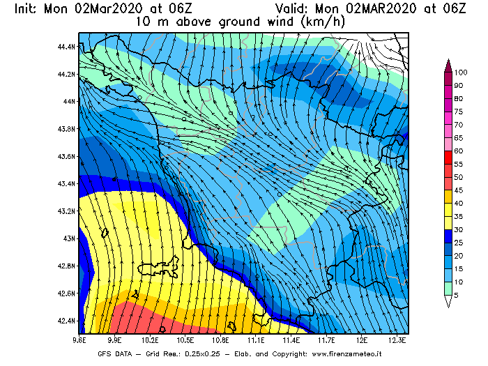 Mappa di analisi GFS - Velocità del vento a 10 metri dal suolo [km/h] in Toscana
							del 02/03/2020 06 <!--googleoff: index-->UTC<!--googleon: index-->
