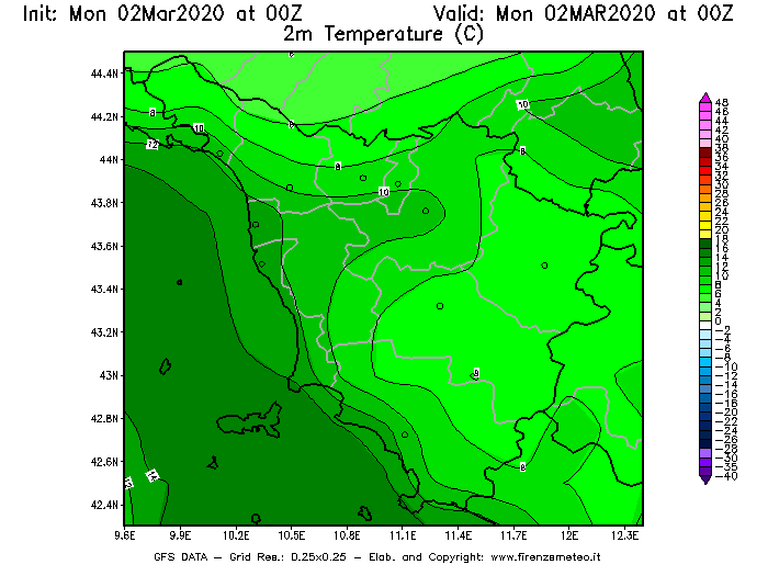 Mappa di analisi GFS - Temperatura a 2 metri dal suolo [°C] in Toscana
							del 02/03/2020 00 <!--googleoff: index-->UTC<!--googleon: index-->