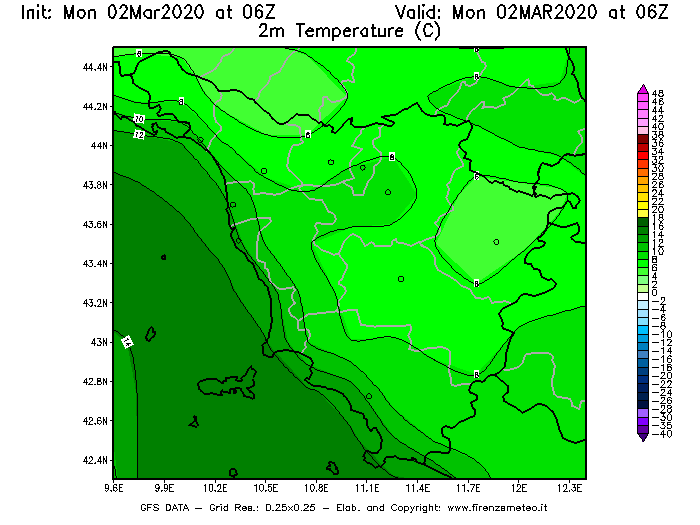 Mappa di analisi GFS - Temperatura a 2 metri dal suolo [°C] in Toscana
							del 02/03/2020 06 <!--googleoff: index-->UTC<!--googleon: index-->