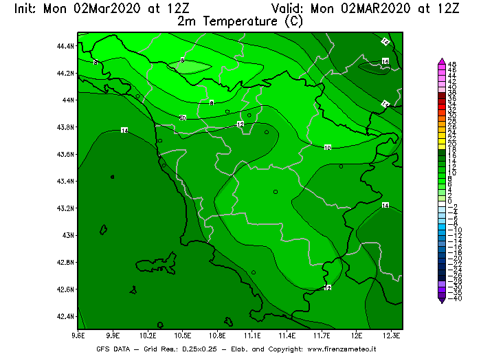 Mappa di analisi GFS - Temperatura a 2 metri dal suolo [°C] in Toscana
							del 02/03/2020 12 <!--googleoff: index-->UTC<!--googleon: index-->