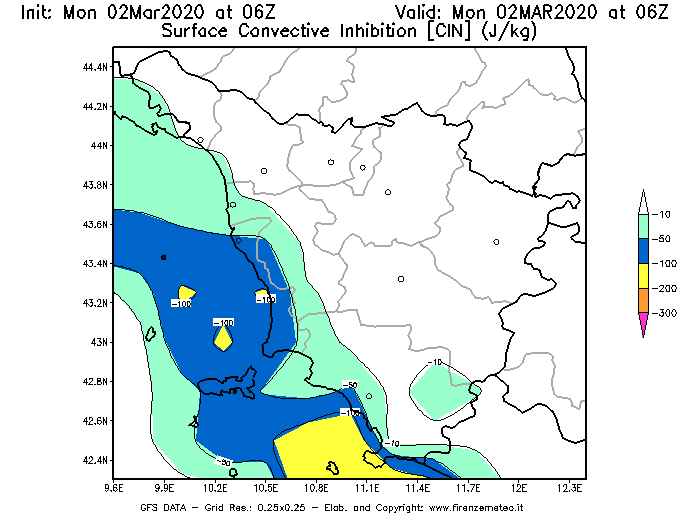 Mappa di analisi GFS - CIN [J/kg] in Toscana
							del 02/03/2020 06 <!--googleoff: index-->UTC<!--googleon: index-->