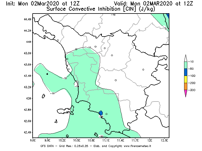 Mappa di analisi GFS - CIN [J/kg] in Toscana
							del 02/03/2020 12 <!--googleoff: index-->UTC<!--googleon: index-->